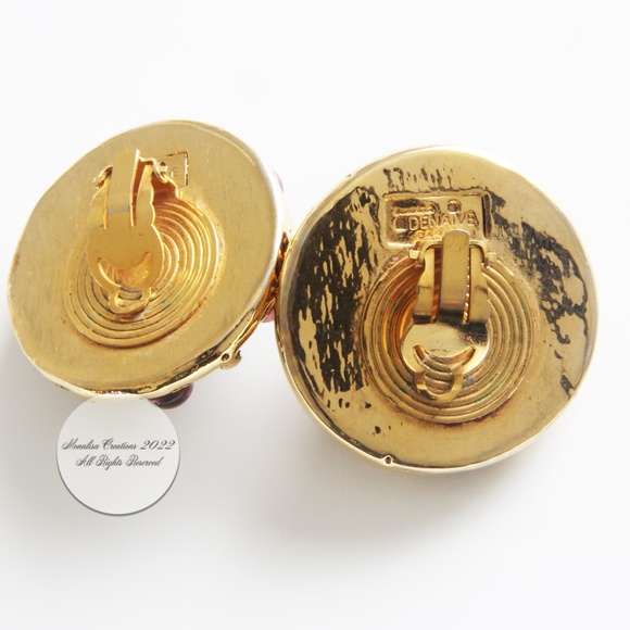 Denaive Paris Large Emerald Green Glass Cabochon Clip Style Earrings 1980s - Picture 10 of 11